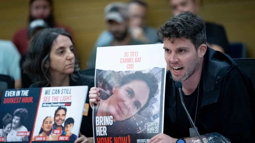 Israelis whose family members are being held by Hamas attend a meeting at the Knesset on Nov. 20, 2023. Photo by Yonatan Sindel/Flash90.