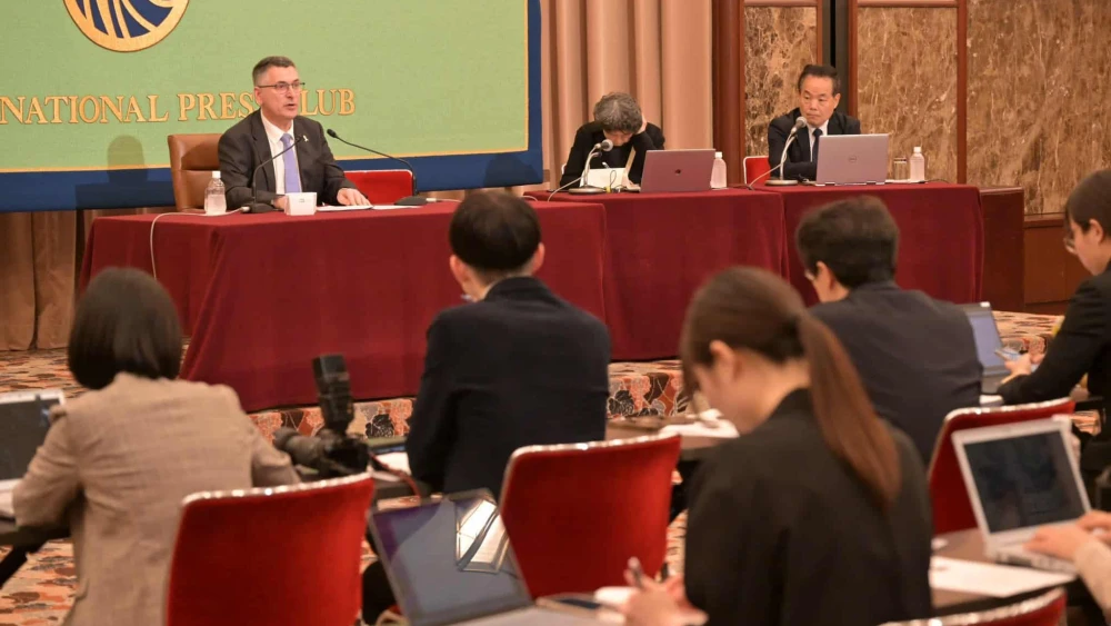 Gideon Sa'ar speak at a news conference in Tokyo on May 14, 2025. Photo credit: The Ministry of Foreign Affairs of the State of Israel.