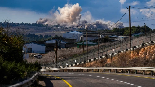 Smoke after a blast in the village of Yaroun in Southern Lebanon's Nabatieh Governorate, as seen from Moshav Avivim in Israel, Dec. 17, 2024. Photo by Ayal Margolin/Flash90.