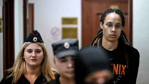 WNBA star Brittney Griner in a Russian court. Source: Twitter,