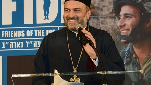 Father Gabriel Naddaf, a prominent Israeli Christian leader, addresses the Friends of the Israel Defense Forces' Texas Region gala in Houston. Photo by Alan Ross.