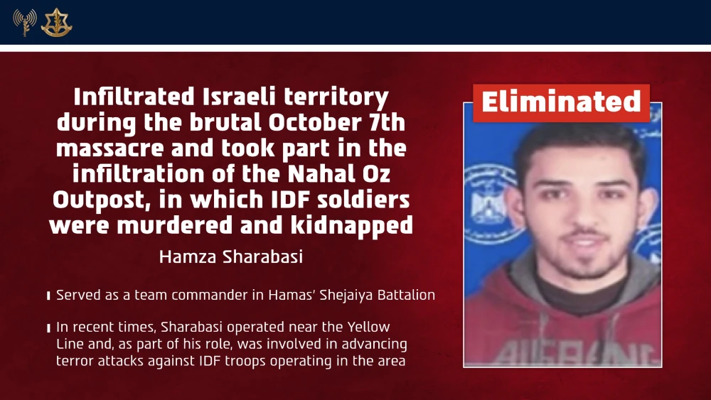 An Israeli military graphic shows Hamas commander Hamza Sharabasi, who the IDF said was killed in an airstrike on May 6, 2026 after participating in the Oct. 7, 2023, attack on the Nahal Oz outpost.