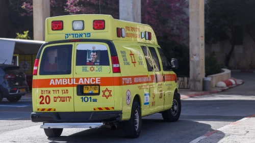 An ambulance evacuates civilians wounded in a terrorist attack in the Jordan Valley to Hadassah Medical Center on Mount Scopus in Jerusalem, March 28, 2024. Photo by Chaim Goldberg/Flash90.