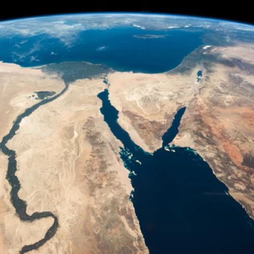 A satellite image of the Middle East that was captioned by NASA astronaut Chris Hadfield: “The Nile and the Sinai, to Israel and beyond. One sweeping glance of human history.” Credit: Julian Herzog/NASA via Wikimedia Commons.