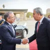 Inter-Parliamentary Union President Duarte Pacheco, left, shakes hands with Knesset Speaker MIckey Levy on Nov. 14, 2021. Credit: Noam Moskowitz/Knesset Spokesperson.