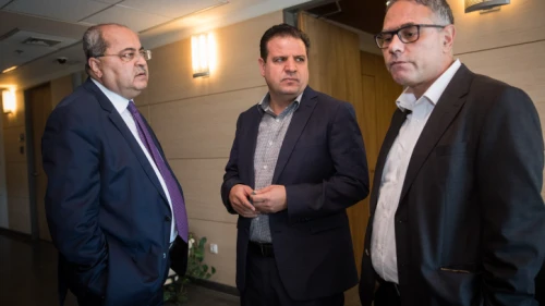 Joint Arab List leader Ayman Odeh (center) and party members Ahmad Tibi (left) and Mtanes Shehadeh arrive for a meeting at the Knesset on Sept. 22, 2019. Photo by Yonatan Sindel/Flash90.