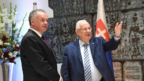 Israeli president Reuven Rivlin and his Slovakian counterpart, President Andrej Kiska, are seen at a dinner held at the president's house in Jerusalem on March 29, 2017. Photo by Kobi Gideon/GPO.