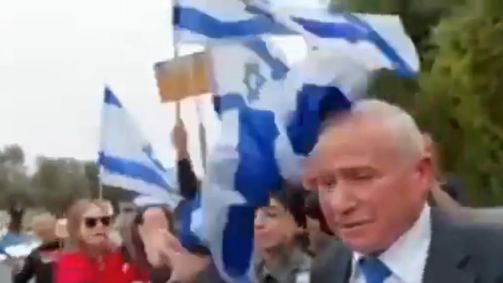 Israeli Agriculture Minister Avi Dichter is hit on the head with a flag during a protest against the government's judicial reform program, March 23, 2023. Source: Screenshot.