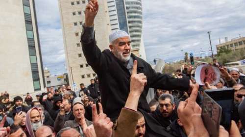 Sheikh Raed Salah, leader of the northern branch of the Islamic Movement in Israel, seen with supporters after a court hearing in Haifa on Feb. 10, 2020. Photo by Flash90.