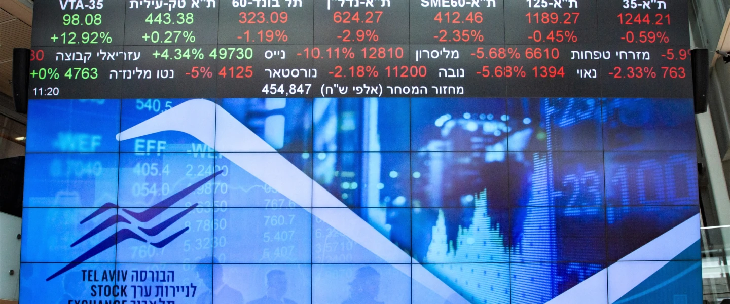 A ticker screen in the lobby of the Tel Aviv Stock Exchange, March 15, 2020. Photo by Flash90.