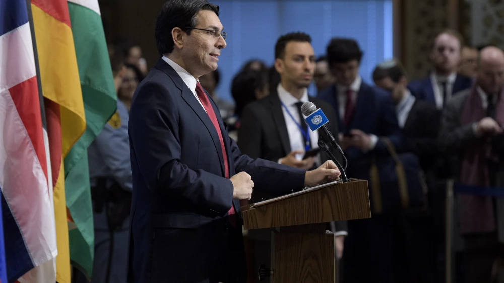 U.S. Ambassador to Israel Danny Danon briefs reporters ahead of the U.N. Security Council meeting on the situation in the Middle East, including the Palestinian question, February 2020. Credit: U.N. Photo/Manuel Elias.