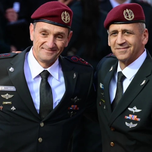 Outgoing IDF Chief of Staff Aviv Kochavi with incoming Chief of Staff Herzi Halevi at a ceremony at IDF headquarters in Tel Aviv, Jan. 16, 2023. Photo by Tomer Neuberg/Flash90.