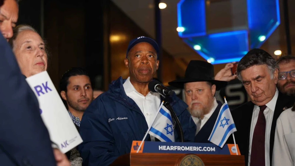 The day before the rally, New York City Mayor Eric Adams held a vigil for the victims of terrorist attacks in Israel at Golda Meir Square, Broadway and West 39th Street in New York City on Oct. 9, 2023. Credit: Benny Polatseck, Mayoral Photography Office.