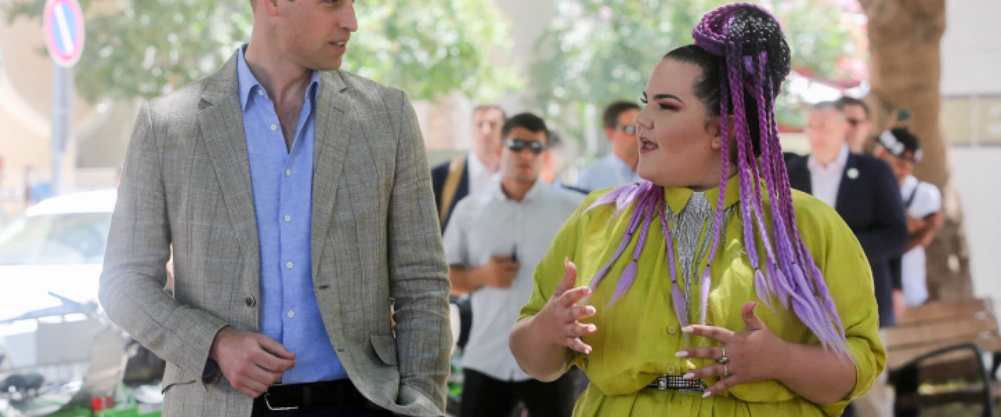Prince William, Duke of Cambridge walks with Eurovision Song Contest 2018 winner Netta Barzilai on Rothschild Boulevard in Tel Aviv on June 27, 2018. Photo by Marc Israel Sellem/POOL.