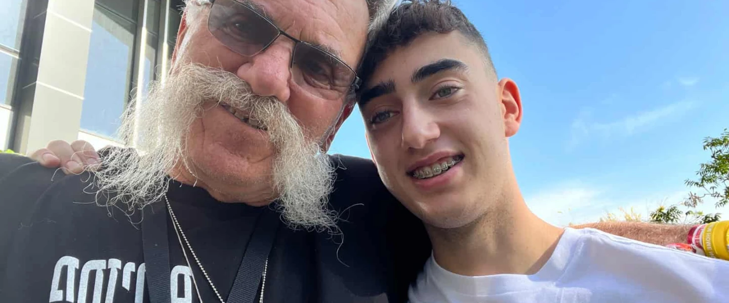 Josef Avi Yair Engel and his grandson, former captive Ofir Engel, who was released as part of a weeklong ceasefire agreement between Israel and Hamas in late 2023. Credit: Courtesy.