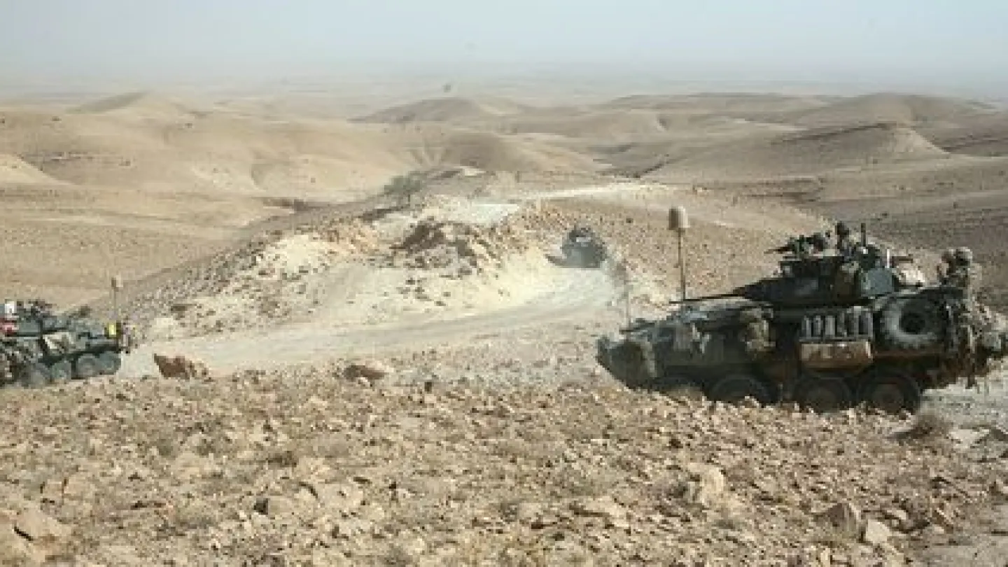 In July 2009, light-armored vehicles with U.S. Marine Corps' Task Force 3rd Light Armored Reconnaissance Battalion, Regimental Combat Team 8, traverse the rocky terrain of the Sinjar Mountains while deployed to the Nineveh province in Iraq. Credit: Sgt. Eric C. Schwartz via Wikimedia Commons.