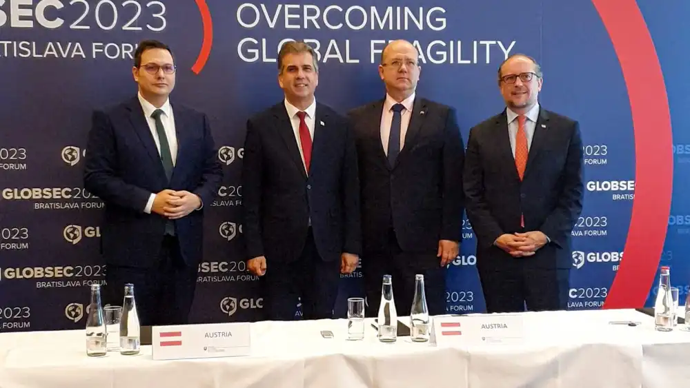 Israel's Foreign Minister Eli Cohen (second from left) in Bratislava with the foreign ministers, from left, of the Czech Republic, Slovakia and Austria, May 30, 2023. Source: Eli Cohen via Twitter.