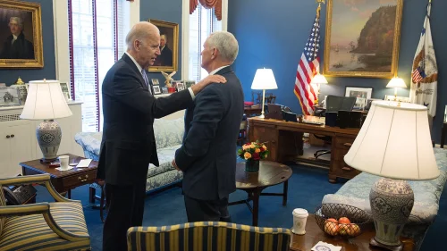 On Nov. 10, 2016, Vice President Joe Biden meets with then Vice President-elect Mike Pence at the White House. Credit: Office of the Vice President of the United States.