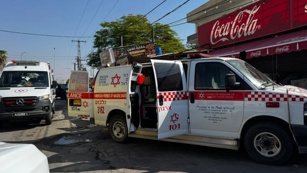 A Magen David Adom ambulance is parked at the scene where a 24-year-old Israeli man was wounded in a stabbing attack near Al-Auja in the Jordan Valley, Aug. 23, 2026. Credit: Magen David Adom.