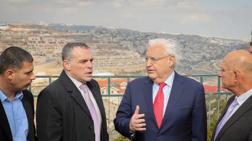 Then-US ambassador to Israel, David Friedman with Head of Efrat regional council Oded Revivi and heads of local councils in Judea and Samaria during a visit in the Jewish community of Efrat, in Gush Etzion, Feb. 20, 2020. Photo by Gershon Elinson/Flash90.