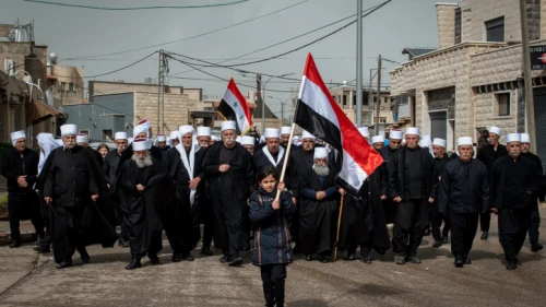 Members of Israel's Druze community protest against U.S. President Donald Trump's recognition of Israeli sovereignty in the Golan Heights, in Buq'ata, in the Golan Heights on March 30, 2019. Photo by Basel Awidat/Flash90.