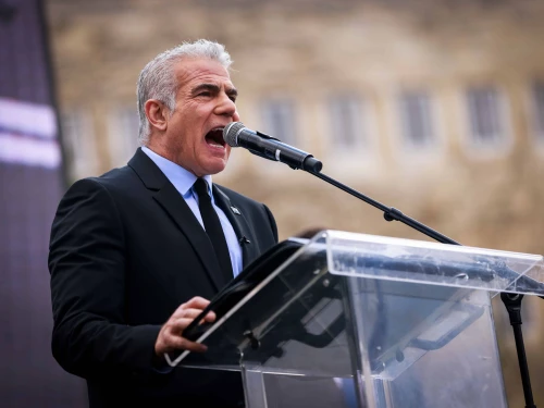 Israeli opposition leader Yair Lapid (Yesh Atid Party) at a protest outside the Israeli parliament in Jerusalem March 27, 2023. Photo by Erik Marmor/Flash90.