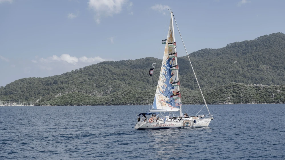 A boat decorated with Palestinian flags departs from the port in Marmaris, Turkey, May 14, 2026. Photo by Murat Kocabas/Middle East Images/AFP via Getty Images.