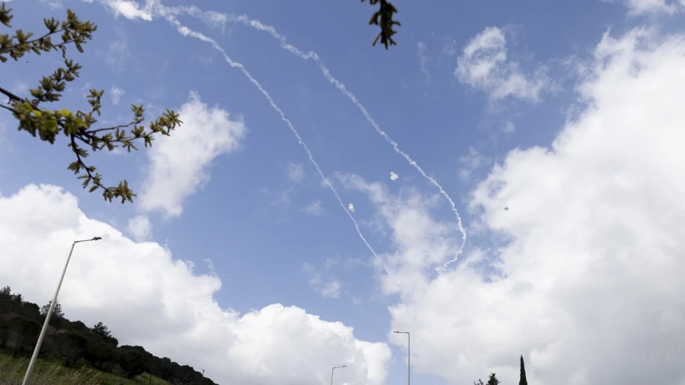 Israeli air defenses intercept rockets launched from Lebanon by Iranian-backed Hezbollah terrorists, April 9, 2026. Photo by Amir Levy/Getty Images.