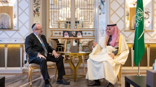 U.S. Special Envoy to Monitor and Combat Antisemitism Rabbi Yehuda Kaploun and Saudi Foreign Minister Prince Faisal bin Farhan meet on the sidelines of the annual Munich Security Conference, Feb. 14, 2026. Source: @KSAmofaEN/X.