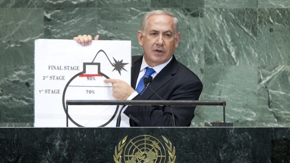 Israeli Prime Minister of Israel Benjamin Netanyahu points to a bomb cartoon that illustrated his take on Iranian nuclear development when he addressed the 67th session of the U.N. General Assembly. Credit: U.N. Photo/J Carrier.