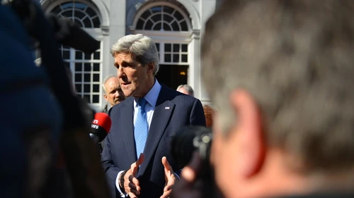 U.S. Secretary of State John Kerry takes questions from Belgian TV at Egmont Palace in Brussels on April 24, 2013. Credit: U.S. State Department.