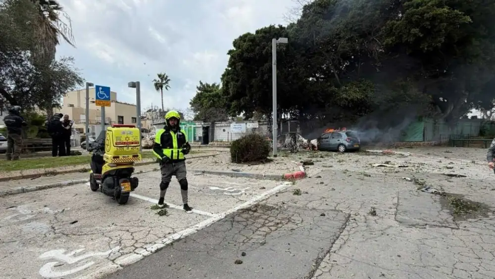 Magen David Adom teams search impact sites and treat several people injured while running to shelters or suffering from anxiety after rocket fire toward Israel on March 15, 2026. Credit: MDA.