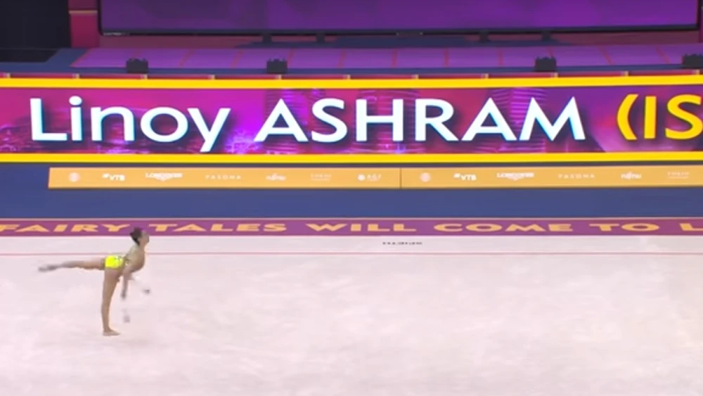 Israel's Linoy Ashram competing in the Rhythmic Worlds in Baku, Azerbaijan. Source: Screenshot.