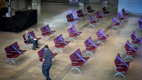 The empty incoming flights hall at the Ben-Gurion International Airport on May 14, 2020. Photo by Flash90.