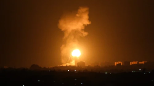 Fire from Israeli airstrikes in Khan Yunis in the southern Gaza Strip on Aug. 16, 2020. Photo by Abed Rahim Khatib/Flash90.