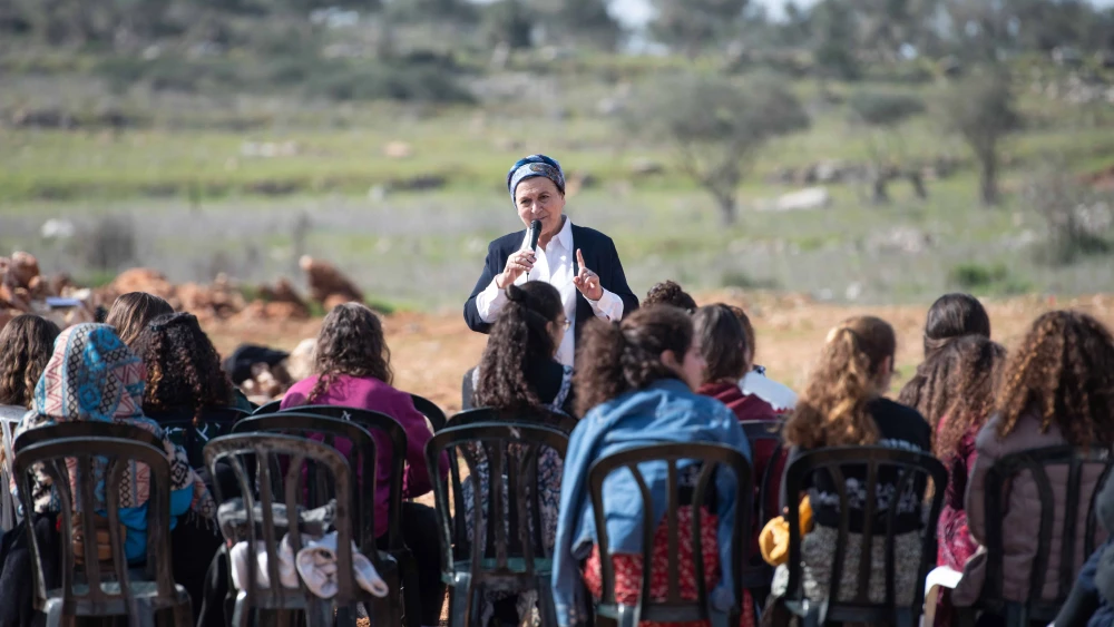 Nachala Settlement Movement founder Daniella Weiss speaks during a protest calling for return to the Evyatar outpost, near Nablus, on Feb. 18, 2022. Photo by Sraya Diamant/Flash90.