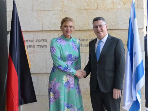 Bundestag President Julia Klöckner shakes hands with Israeli Foreign Minister Gideon Sa’ar in Jerusalem on Feb. 12, 2026. Credit: Israel’s Ministry of Foreign Affairs.