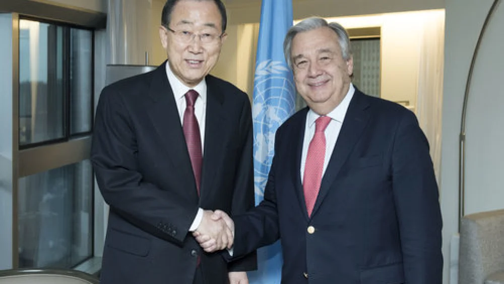 United Nations Secretary-General Antonio Guterres (right) meets with former Secretary-General Ban Ki-moon Jan. 2, 2017, in New York. Guterres recently disavowed a U.N. agency’s report that accused Israel of apartheid. Credit: UN Photo/Mark Garten.