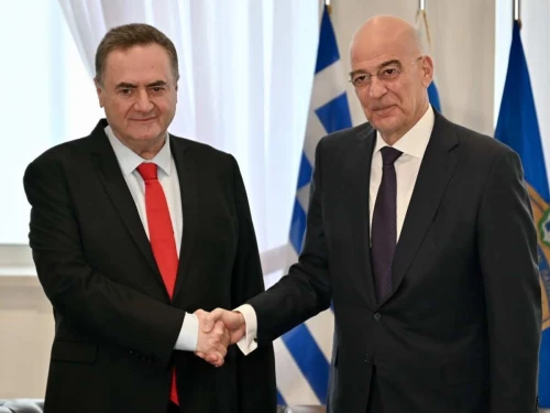 Israel's Defense Minister Israel Katz shakes hands with his Greek counterpart Nikos Dendias at the Ministry of Defense in Athens, Greece, Jan. 20, 2026. Source: @NikosDendias/X.