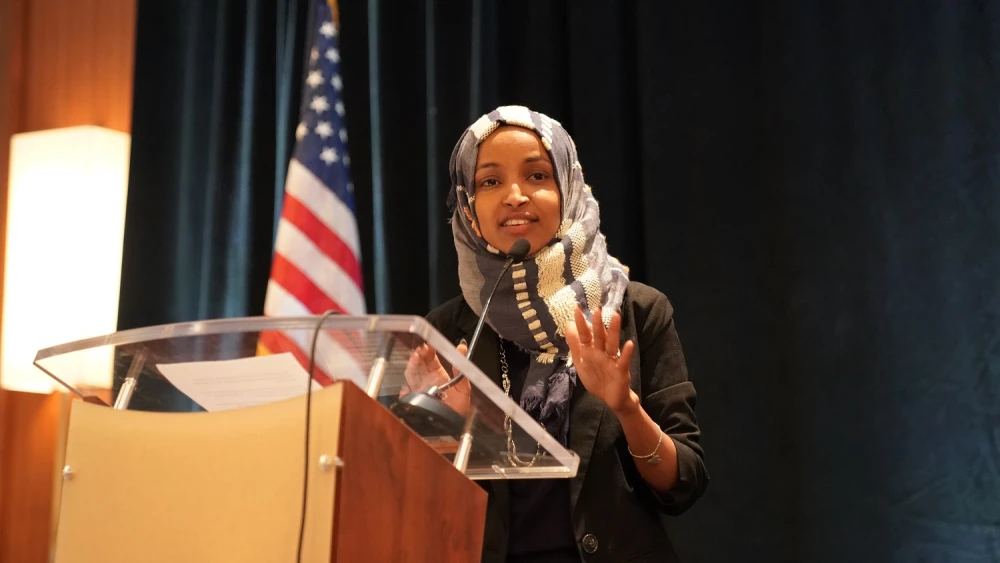 Rep. Ilhan Omar (D-Minn.) speaking at the Council on American Islamic Relations (CAIR), congressional reception for newly elected congressional representatives. Credit: Phil Pasquini/Shutterstock.