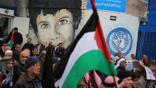 Palestinian supporters of Hamas protest against the U.S. Middle East peace plan front of the main headquarters the U.N. Relief and Works Agency (UNRWA) in Gaza City on Feb. 20, 2020. Photo by Ali Ahmed/Flash90.
