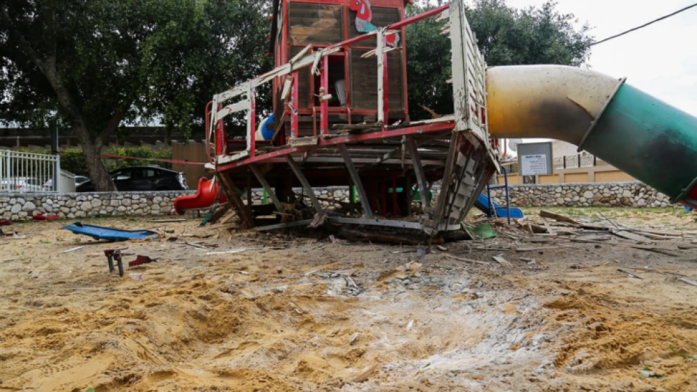 Damage from a rocket strike can be seen in this playground in the Southern Israeli city of Sderot, Feb. 24, 2020. Photo by Flash90.