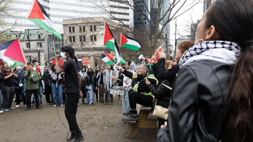 Pro-Palestinian activists protest for an eighth day at an encampment on the campus of McGill University in Montreal, May 4, 2024. Photo by Alexis Aubin/AFP via Getty Images.