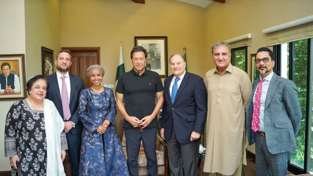 U.S. Congresswoman Ilhan Omar visits former Pakistani PM Imran Khan at his home in Islamabad. Also shown are former congressman Nicholas Valentino Lampson, Omar’s husband Timothy Mynett and Tahir Javad, the CEO of the Riceland Healthcare conglomerate. Photo: Shireen Mazari/Media Office of Imran Khan.