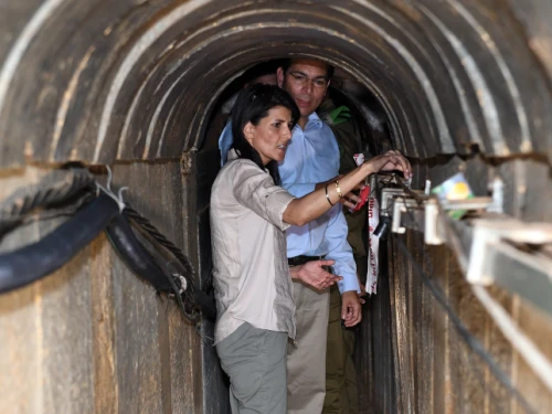 Then-U.S. Ambassador to the United Nations Nikki Haley visits a terror tunnel built by Hamas on the Israel-Gaza border, June 8, 2017. Photo by Matty Stern/U.S. Embassy Tel Aviv.