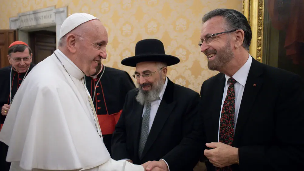 Rabbi David Rosen (far left) during a private audience with Pope Francis during the 16th Meeting of the Joint Commission of the Chief Rabbinate of Israel and the Holy See at the Vatican, November 2018. Credit: Courtesy.