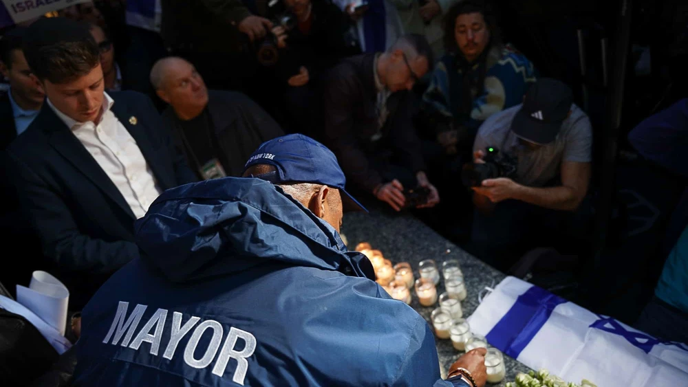 The day before the rally, New York City Mayor Eric Adams held a vigil for victims of the Hamas terrorist attacks in Israel at Golda Meir Square, Broadway and West 39th Street in New York City on Oct. 9, 2023. Credit: Benny Polatseck, Mayoral Photography Office.