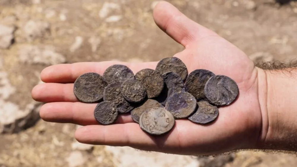 A cache of silver coins found in the ruins of a Hasmonean estate house. Photo by Assaf Peretz, courtesy of Israel Antiquities Authority.