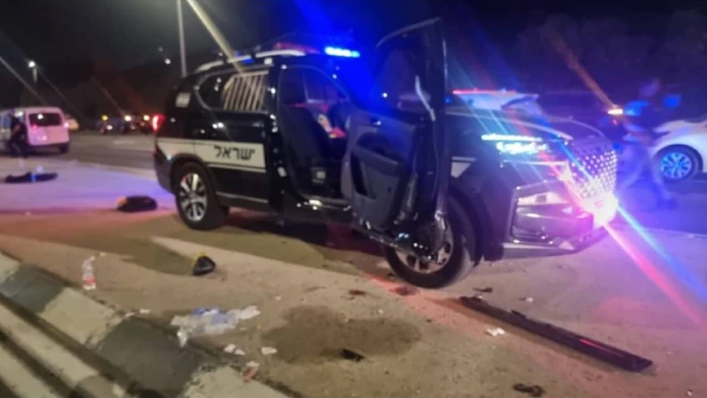 Four Israel Police officers were injured in a vehicular assault close to the Kochav Yair Junction in central Israel, April 3, 2024. (Video screenshot)