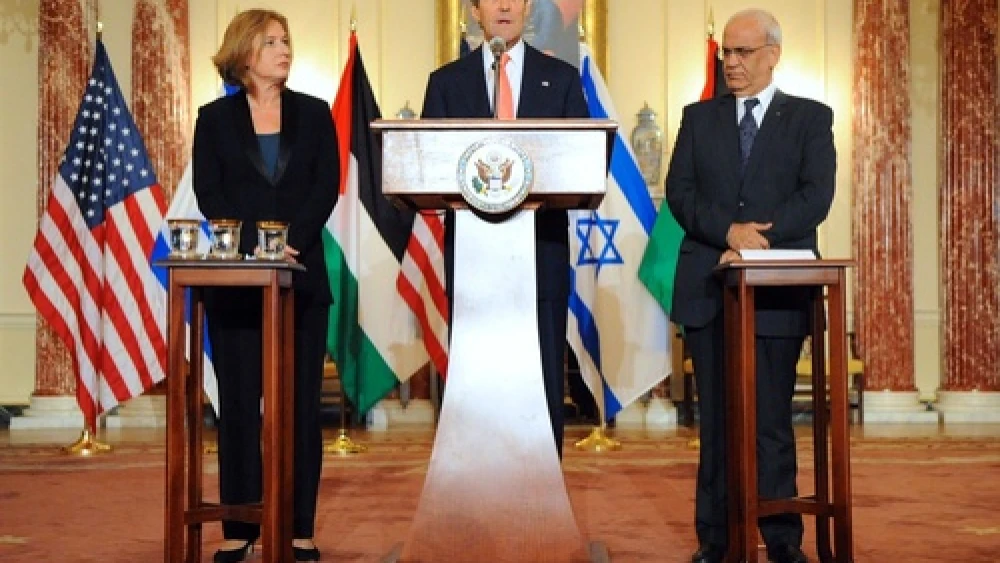 U.S. Secretary of State John Kerry, Israeli Justice Minister Tzipi Livni, and Palestinian Chief Negotiator Saeb Erekat address reporters on the Israeli-Palestinian conflict negotiations at the U.S. Department of State in Washington, D.C., on July 30, 2013. Credit: U.S. State Department.